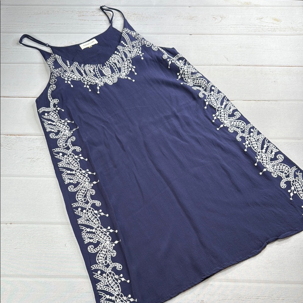 Sugar + Lips Navy Spaghetti Strap Dress with White Detailing Size Large